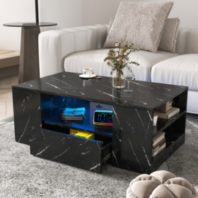 Modern Coffee Tables For Living Room, LED Coffee Table, Storage Coffee Table, Small Coffee Table, Wood Center Table With 2 Drawers And Open Side Shelf (Color: BLACK)