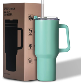 40oz Tumbler With Lid, Starw And Handle, Stainless Steel Vacuum Insulated Water Bottle Travel Mug For Iced Coffee, Hot And Cold Tea (Color: green)