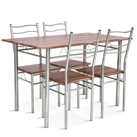 5 Pieces Wood Metal Dining Table Set with 4 Chairs (Color: Orange)